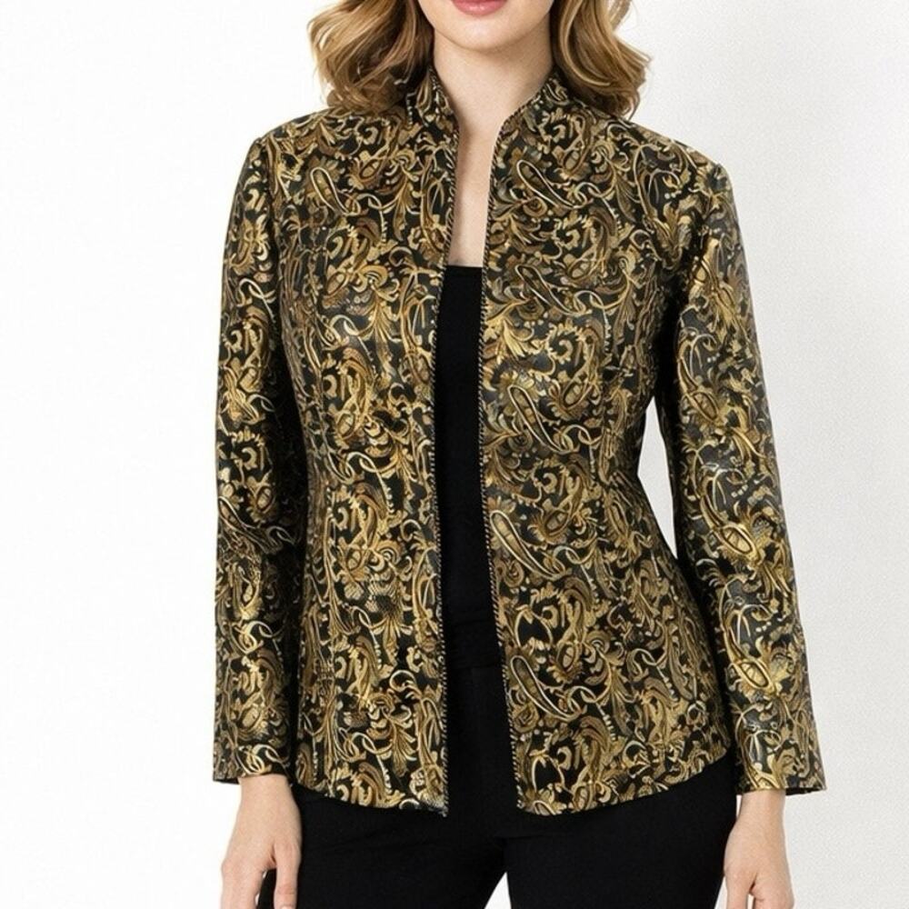 Vintage Metaphor Size L Blazer Black Gold Jacquard Paisley Open Front Jacket
